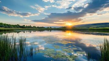 A lake with a beautiful sunset in the background photo
