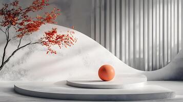 A white and orange ball is placed on a white pedestal in front of a tree photo