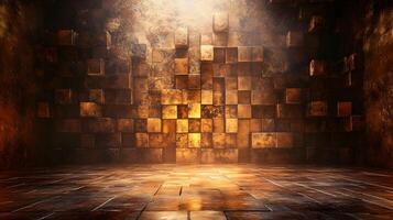 A room with a wall made of blocks and a floor made of tiles photo