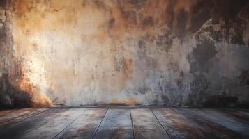 A wall with a large crack in it and a wooden floor photo