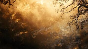 A blurry image of a forest with a tree in the foreground photo