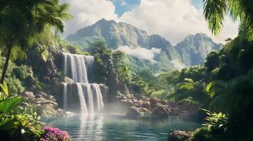 A lush green jungle with a waterfall and mountains in the background photo