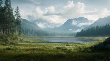 A beautiful landscape with a large body of water and mountains in the background photo