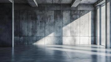 A large, empty room with a concrete wall and a window photo