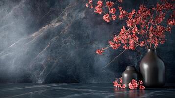 A vase with red flowers sits on a table in front of a wall photo