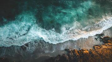 The ocean is calm and peaceful, with a gentle wave rolling in photo