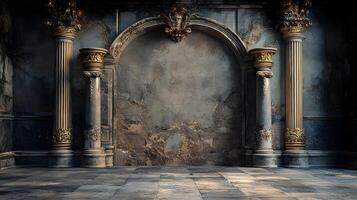 A large, empty room with two pillars and a large archway photo