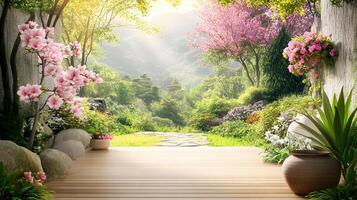 A beautiful garden with a path leading through it photo