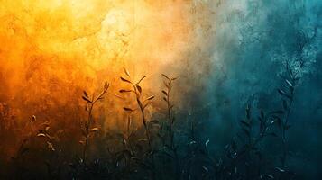 A painting of a field of grass with a blue sky in the background photo