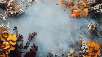 A blue background with a bunch of leaves and flowers photo