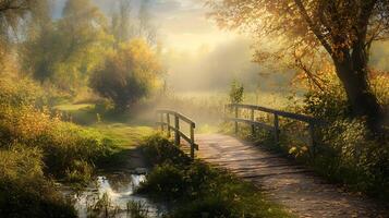 A bridge over a pond with a tree in the background photo