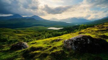 A beautiful mountain landscape with a lake in the middle photo
