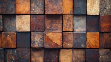 A wall made of wooden blocks in various sizes photo