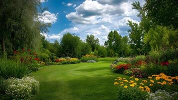 A lush green garden with a path through it photo