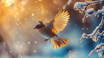 A bird is flying in the air with snow on its wings photo