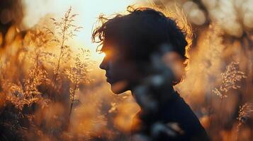 A man is standing in a field of tall grass with the sun shining on him photo