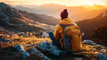 A person is sitting on a rock with a backpack on photo