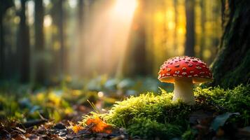 A red mushroom is sitting on a patch of moss in a forest photo