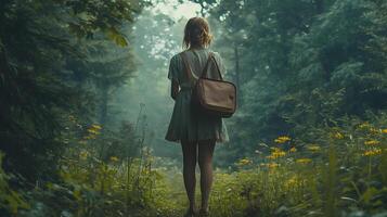 A woman is walking through a forest with a brown bag on her back photo