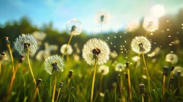 A field of dandelions is in full bloom, with the sun shining brightly on them photo
