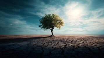 A tree is standing in a barren, dry field photo