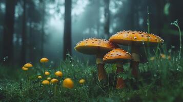 Three orange mushrooms are in a field of green grass photo