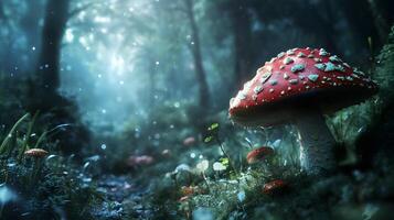 A red mushroom is the main focus of the image, surrounded by other mushrooms photo
