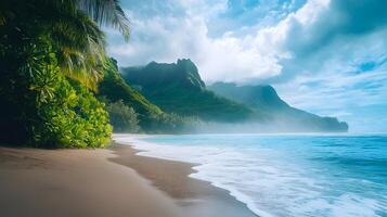 A beautiful beach with a mountain in the background photo