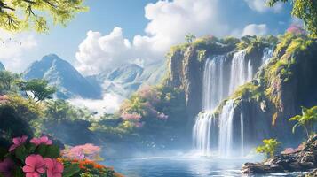 A beautiful waterfall surrounded by lush green trees and mountains photo