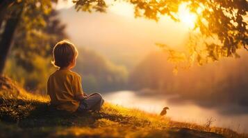 A young boy is sitting on the grass by a river, looking out at the water photo