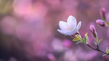 A white flower is on a branch with a pink background photo