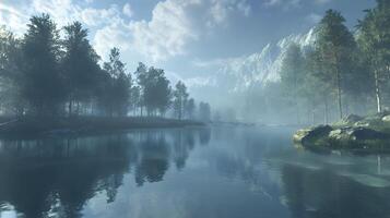 A serene and peaceful scene of a river surrounded by trees and mountains photo