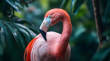 A flamingo is standing in a lush green forest photo