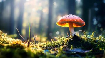A mushroom is sitting on a patch of moss in the woods photo