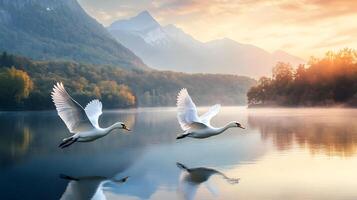 Two swans flying over a lake with mountains in the background photo