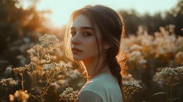 A woman is standing in a field of flowers photo