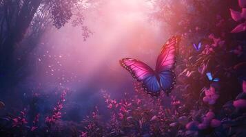 A butterfly is flying in a forest with pink flowers photo