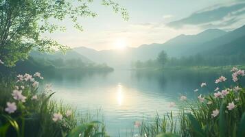 A serene lake with a beautiful mountain range in the background photo