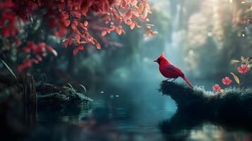 A red cardinal is perched on a rock near a body of water photo