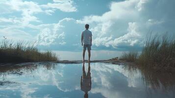 A man stands in a puddle of water, looking out at the sky photo