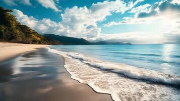 A beautiful beach with a large body of water in the background photo