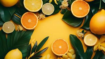 A bunch of oranges and lemons are arranged in a circle on a yellow background photo