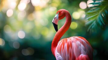 A flamingo stands in a lush green forest photo