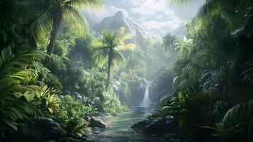 A lush jungle with a waterfall and palm trees photo