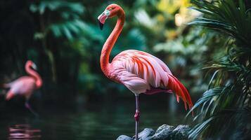 A pink flamingo stands in a pond with green foliage photo