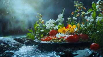 A plate of food with tomatoes and other vegetables is on a rock near a stream photo