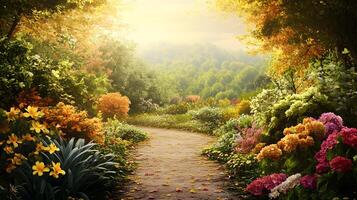 A path through a garden with many flowers and trees photo