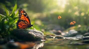 A butterfly is sitting on a rock near a stream photo