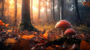 Two red mushrooms are on a forest floor covered in autumn leaves photo