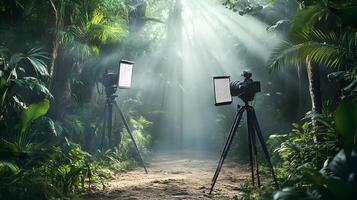 Two cameras are set up in a jungle, with the sun shining through the trees photo